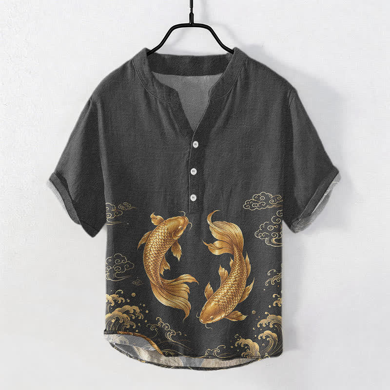 Buddha Stones Camicia da uomo a maniche corte con mezza abbottonatura, in cotone, con motivo di carpe koi dorate. - Nero - US/UK/AU50, EU60 (5XL) - image 5