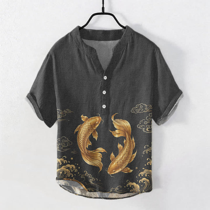 Buddha Stones Camicia da uomo a maniche corte con mezza abbottonatura, in cotone, con motivo di carpe koi dorate. - Nero - US/UK/AU50, EU60 (5XL) - image 5