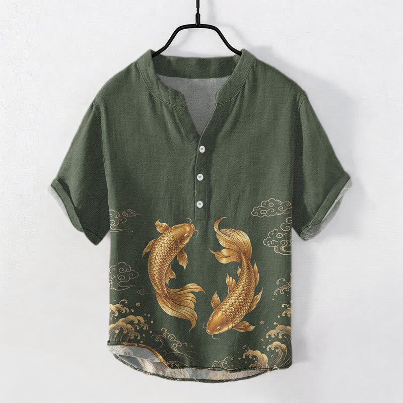 Buddha Stones Camicia da uomo a maniche corte con mezza abbottonatura, in cotone, con motivo di carpe koi dorate. - Verde oliva scuro - US/UK/AU50, EU60 (5XL) - image 7