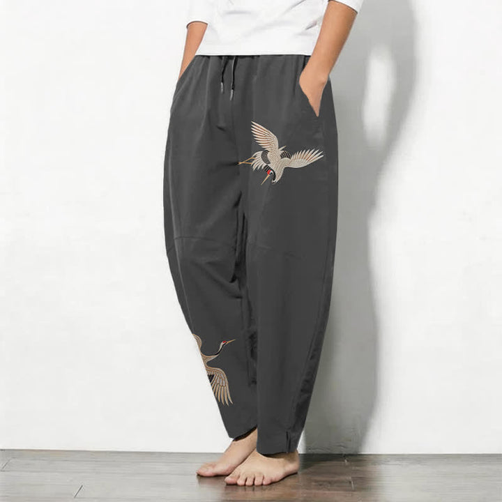 Buddha Stones Pantaloni da uomo affusolati in puro cotone con motivo a doppia gru e coulisse, con tasche. - image 1