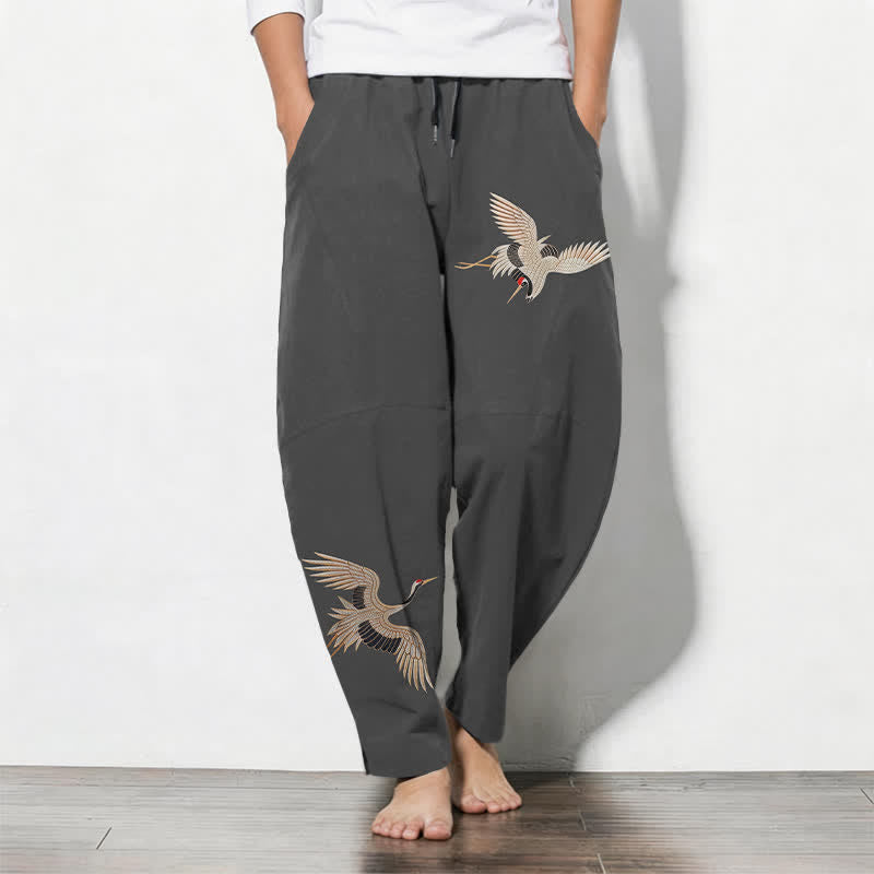 Buddha Stones Pantaloni da uomo affusolati in puro cotone con motivo a doppia gru e coulisse, con tasche. - Grigio tenue - US/UK/AU50, EU60 (5XL) - image 0