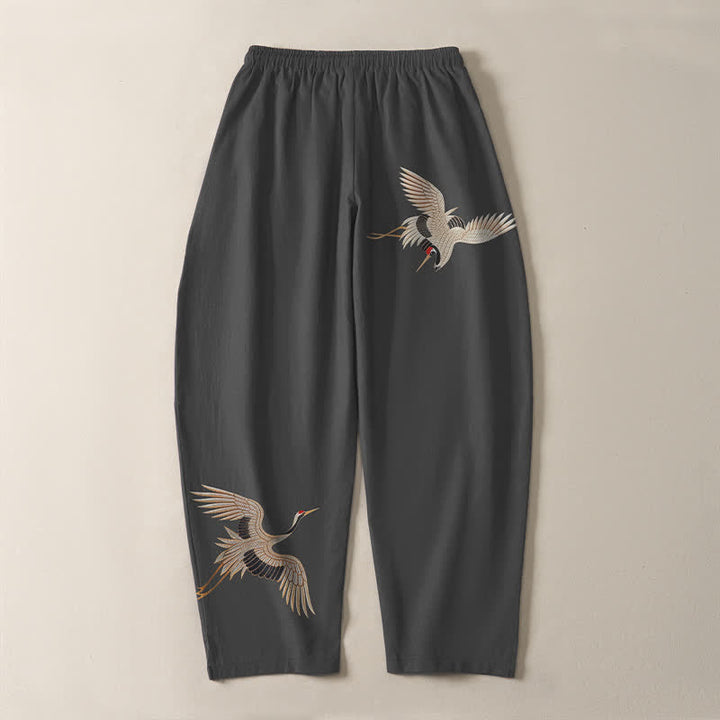Buddha Stones Pantaloni da uomo affusolati in puro cotone con motivo a doppia gru e coulisse, con tasche. - image 3