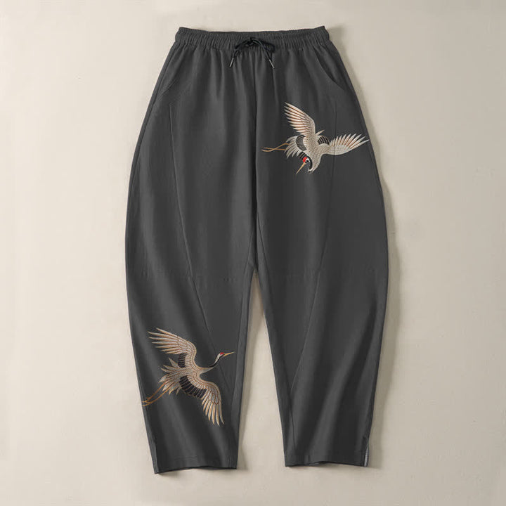 Buddha Stones Pantaloni da uomo affusolati in puro cotone con motivo a doppia gru e coulisse, con tasche. - image 2