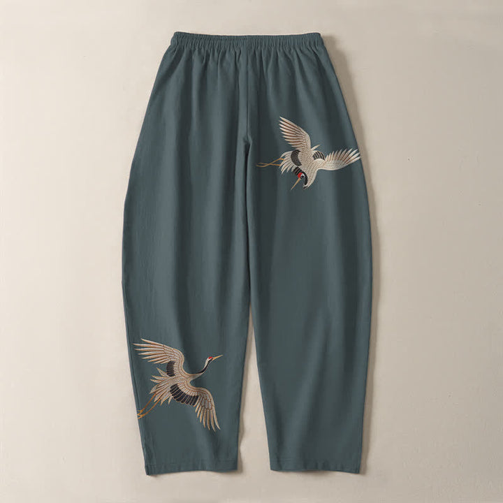 Buddha Stones Pantaloni da uomo affusolati in puro cotone con motivo a doppia gru e coulisse, con tasche. - image 10