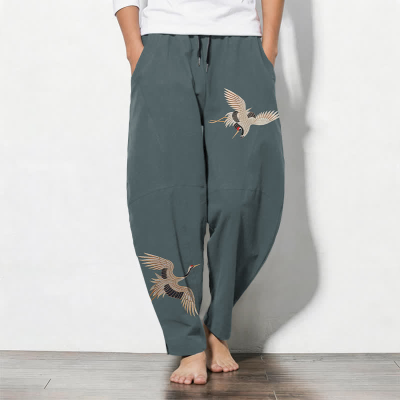 Buddha Stones Pantaloni da uomo affusolati in puro cotone con motivo a doppia gru e coulisse, con tasche. - Cadetto Blu - US/UK/AU50, EU60 (5XL) - image 7