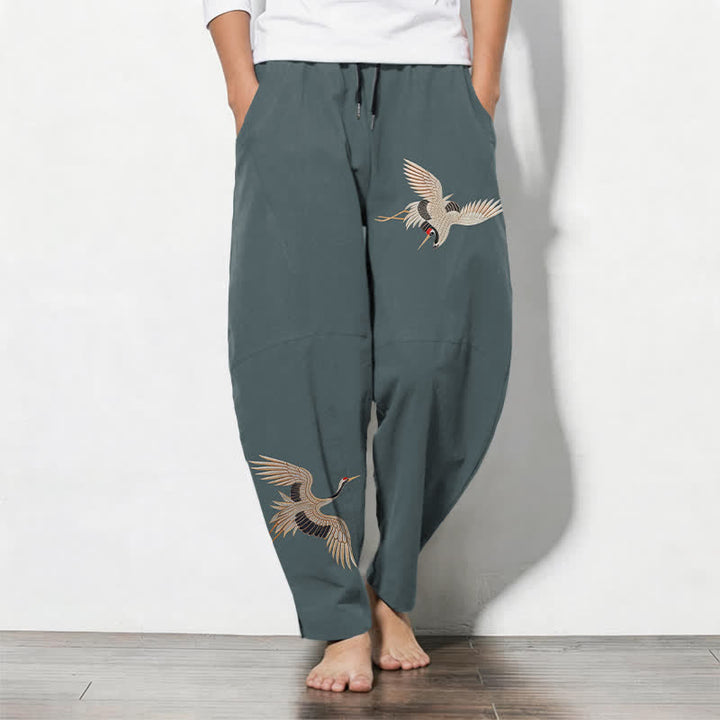 Buddha Stones Pantaloni da uomo affusolati in puro cotone con motivo a doppia gru e coulisse, con tasche. - Cadetto Blu - US/UK/AU50, EU60 (5XL) - image 7