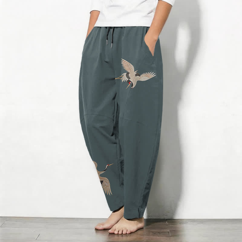 Buddha Stones Pantaloni da uomo affusolati in puro cotone con motivo a doppia gru e coulisse, con tasche. - image 8