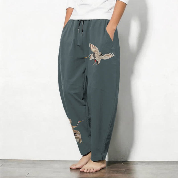 Buddha Stones Pantaloni da uomo affusolati in puro cotone con motivo a doppia gru e coulisse, con tasche. - image 8