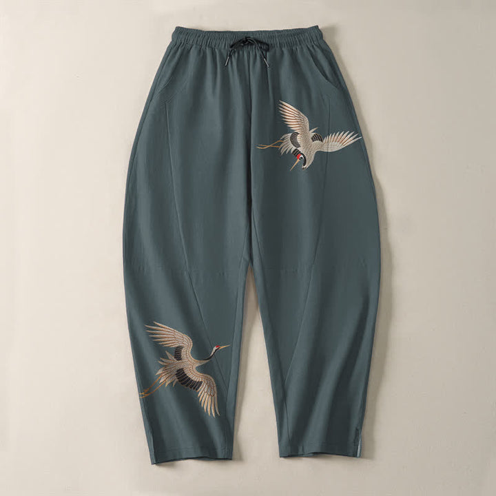 Buddha Stones Pantaloni da uomo affusolati in puro cotone con motivo a doppia gru e coulisse, con tasche. - image 9
