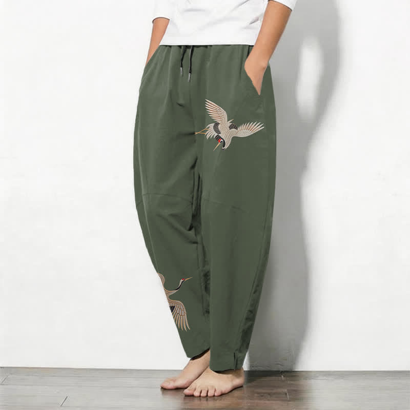 Buddha Stones Pantaloni da uomo affusolati in puro cotone con motivo a doppia gru e coulisse, con tasche. - image 12