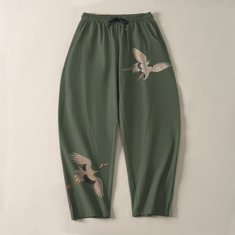 Buddha Stones Pantaloni da uomo affusolati in puro cotone con motivo a doppia gru e coulisse, con tasche. - image 13