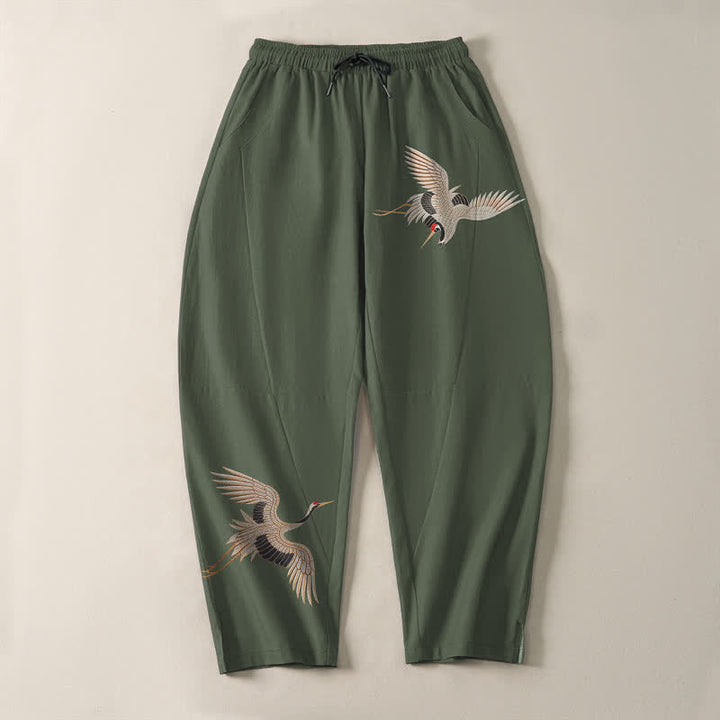 Buddha Stones Pantaloni da uomo affusolati in puro cotone con motivo a doppia gru e coulisse, con tasche. - image 13