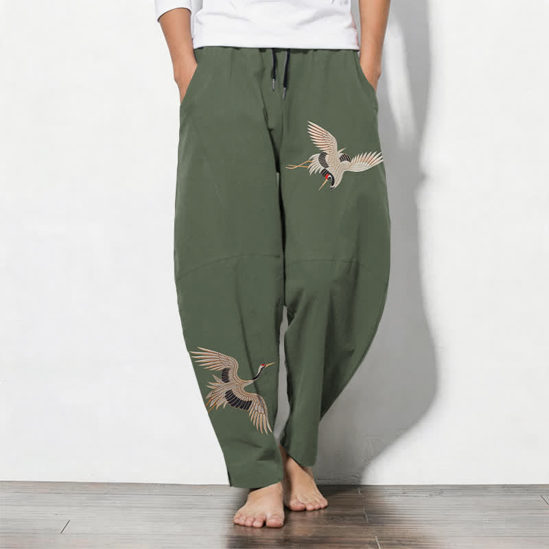 Buddha Stones Pantaloni da uomo affusolati in puro cotone con motivo a doppia gru e coulisse, con tasche. - Verde oliva scuro - US/UK/AU50, EU60 (5XL) - image 11