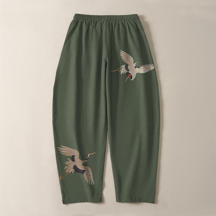 Buddha Stones Pantaloni da uomo affusolati in puro cotone con motivo a doppia gru e coulisse, con tasche. - image 14