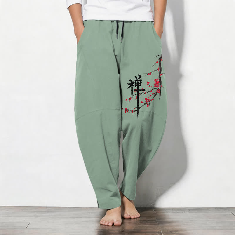 Buddha Stones Pantaloni da uomo affusolati con coulisse e tasche, in puro cotone, con motivo floreale Zen a fiori di prugno. - Verde Mare Scuro - US/UK/AU50, EU60 (5XL) - image 7