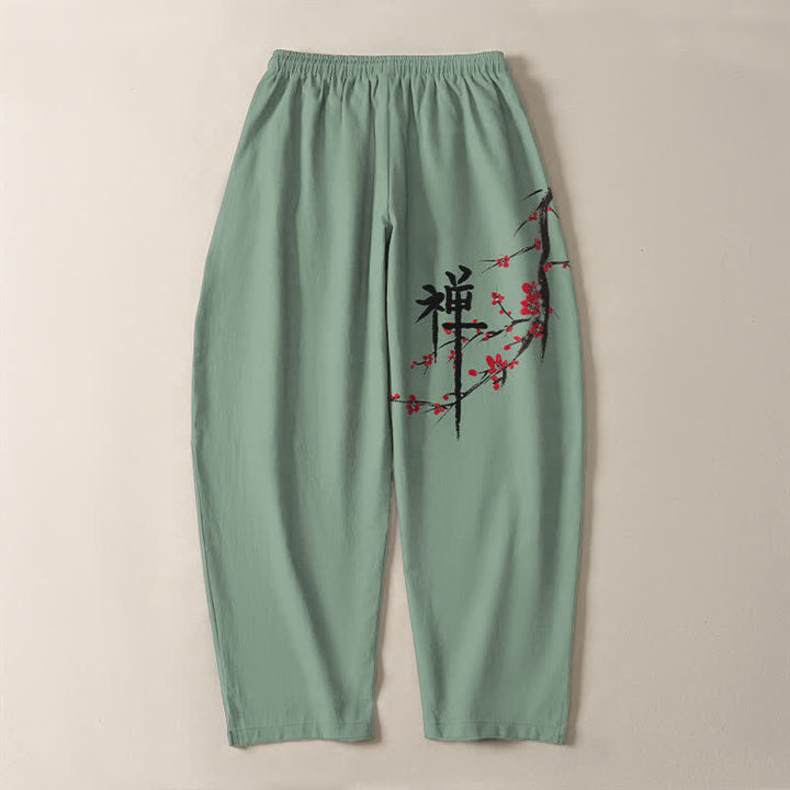Buddha Stones Pantaloni da uomo affusolati con coulisse e tasche, in puro cotone, con motivo floreale Zen a fiori di prugno. - image 10