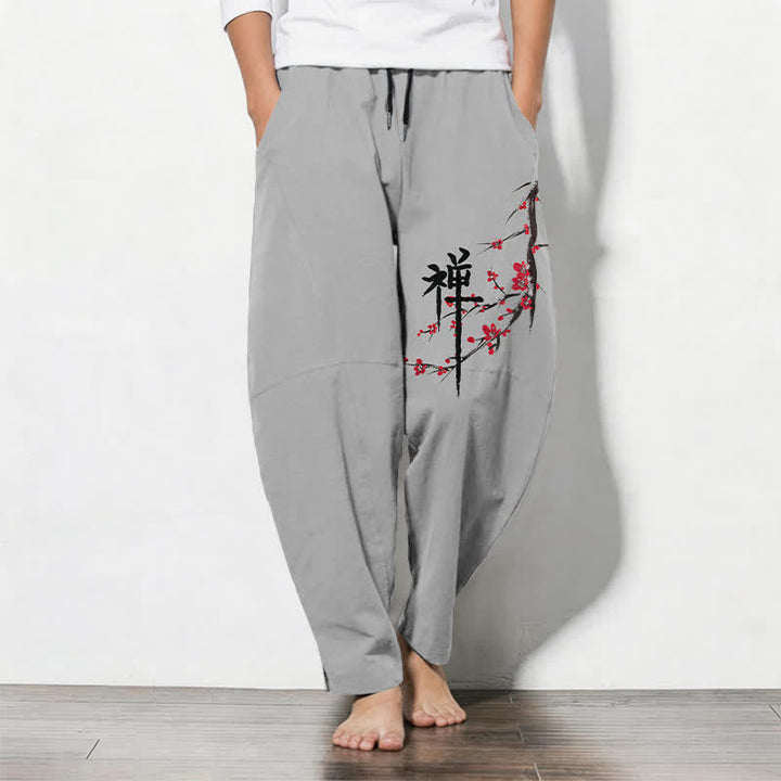 Buddha Stones Pantaloni da uomo affusolati con coulisse e tasche, in puro cotone, con motivo floreale Zen a fiori di prugno. - Grigio chiaro - US/UK/AU50, EU60 (5XL) - image 11