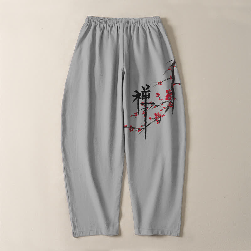 Buddha Stones Pantaloni da uomo affusolati con coulisse e tasche, in puro cotone, con motivo floreale Zen a fiori di prugno. - image 14