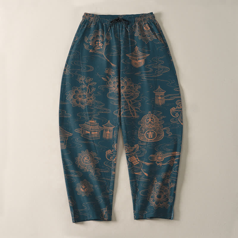 Buddha Stones Pantaloni da uomo affusolati con coulisse e tasche, in puro cotone, con motivo a loto, padiglione e nuvole. - image 2