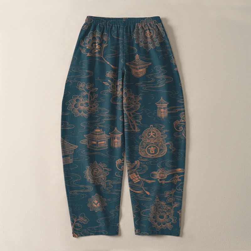 Buddha Stones Pantaloni da uomo affusolati con coulisse e tasche, in puro cotone, con motivo a loto, padiglione e nuvole. - image 3