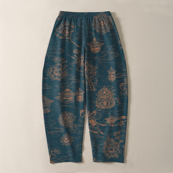 Buddha Stones Pantaloni da uomo affusolati con coulisse e tasche, in puro cotone, con motivo a loto, padiglione e nuvole. - image 3