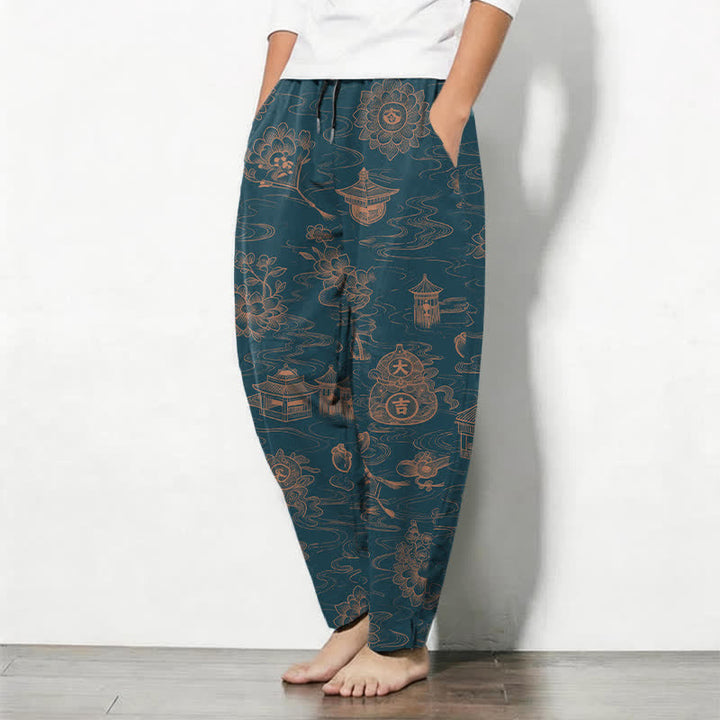Buddha Stones Pantaloni da uomo affusolati con coulisse e tasche, in puro cotone, con motivo a loto, padiglione e nuvole. - image 1