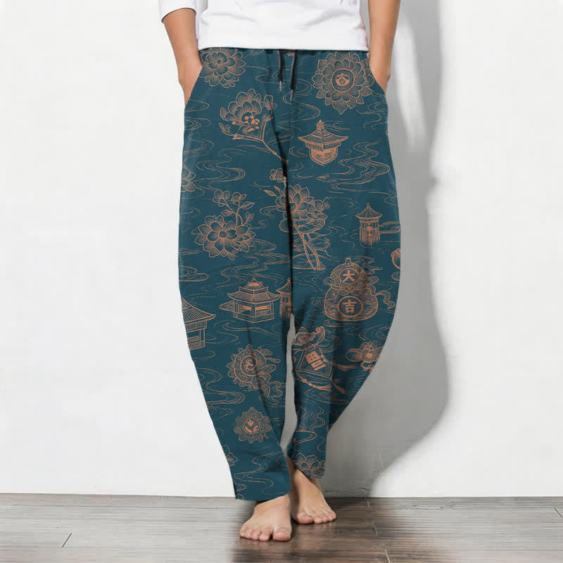Buddha Stones Pantaloni da uomo affusolati con coulisse e tasche, in puro cotone, con motivo a loto, padiglione e nuvole. - Verde acqua - US/UK/AU50, EU60 (5XL) - image 0