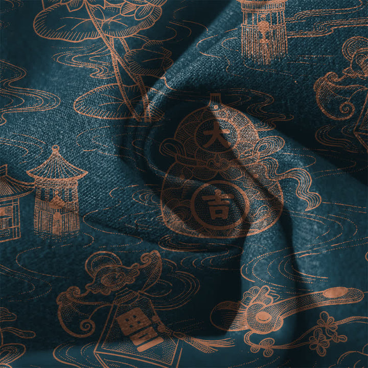 Buddha Stones Pantaloni da uomo affusolati con coulisse e tasche, in puro cotone, con motivo a loto, padiglione e nuvole. - image 6