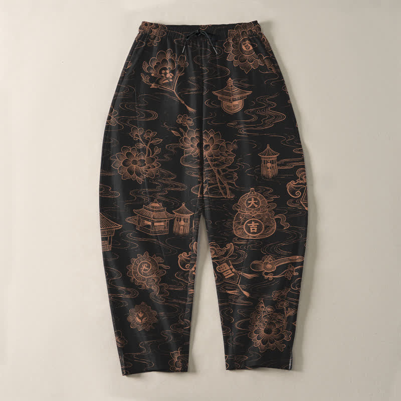 Buddha Stones Pantaloni da uomo affusolati con coulisse e tasche, in puro cotone, con motivo a loto, padiglione e nuvole. - image 9