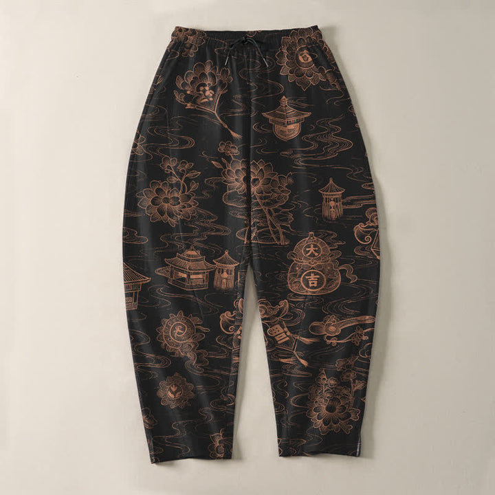 Buddha Stones Pantaloni da uomo affusolati con coulisse e tasche, in puro cotone, con motivo a loto, padiglione e nuvole. - image 9