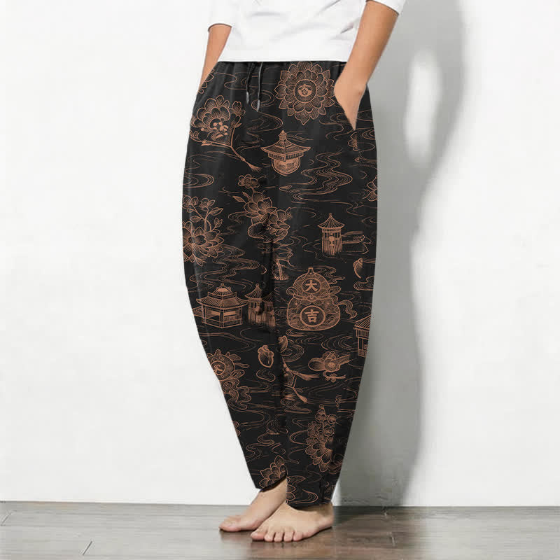 Buddha Stones Pantaloni da uomo affusolati con coulisse e tasche, in puro cotone, con motivo a loto, padiglione e nuvole. - image 8