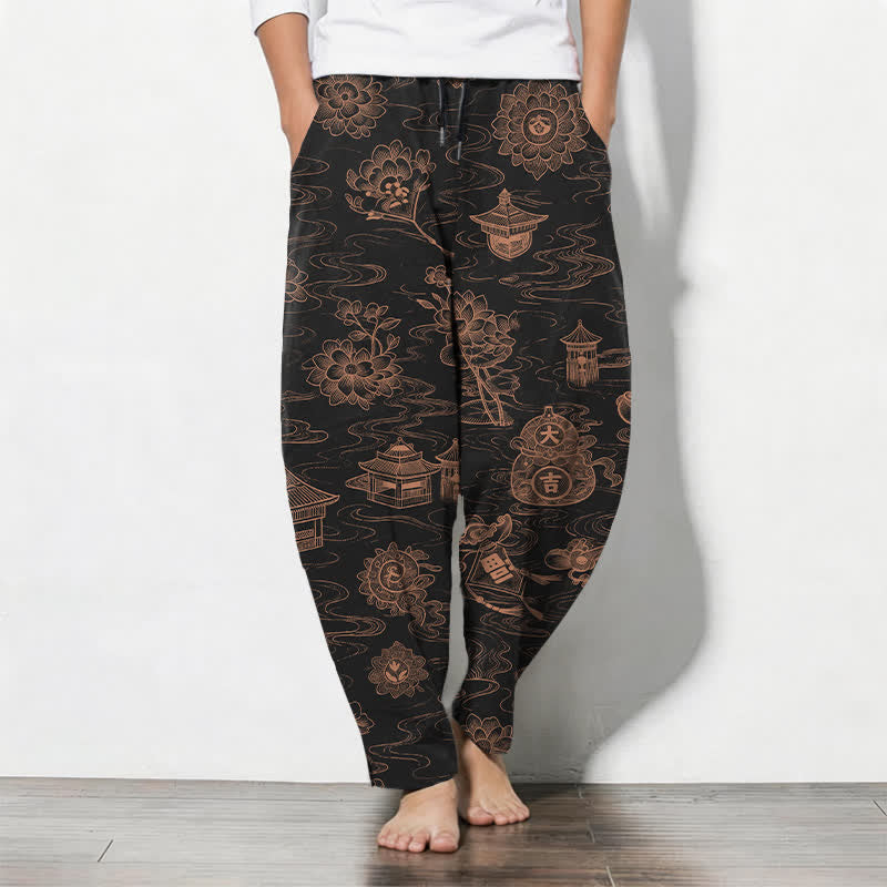 Buddha Stones Pantaloni da uomo affusolati con coulisse e tasche, in puro cotone, con motivo a loto, padiglione e nuvole. - Nero - US/UK/AU50, EU60 (5XL) - image 7