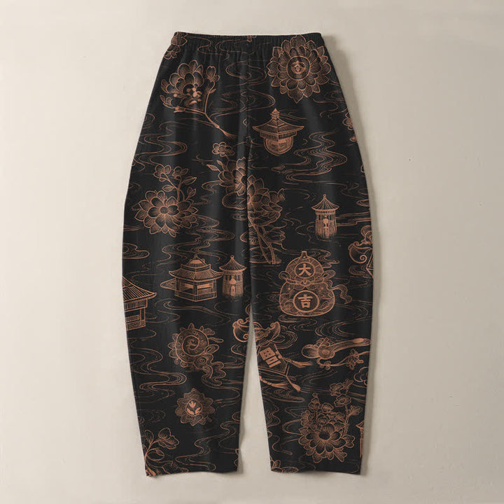 Buddha Stones Pantaloni da uomo affusolati con coulisse e tasche, in puro cotone, con motivo a loto, padiglione e nuvole. - image 10