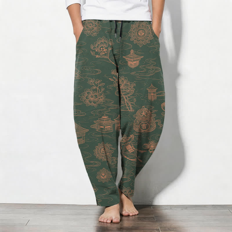 Buddha Stones Pantaloni da uomo affusolati con coulisse e tasche, in puro cotone, con motivo a loto, padiglione e nuvole. - Verde scuro - US/UK/AU50, EU60 (5XL) - image 11
