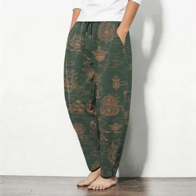 Buddha Stones Pantaloni da uomo affusolati con coulisse e tasche, in puro cotone, con motivo a loto, padiglione e nuvole. - image 12