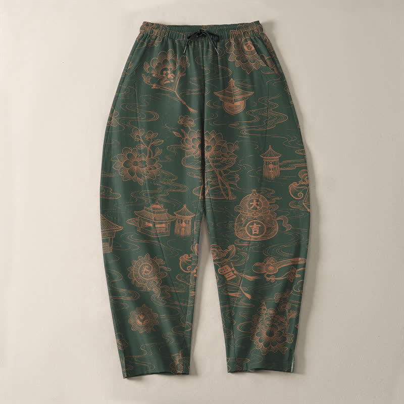Buddha Stones Pantaloni da uomo affusolati con coulisse e tasche, in puro cotone, con motivo a loto, padiglione e nuvole. - image 13