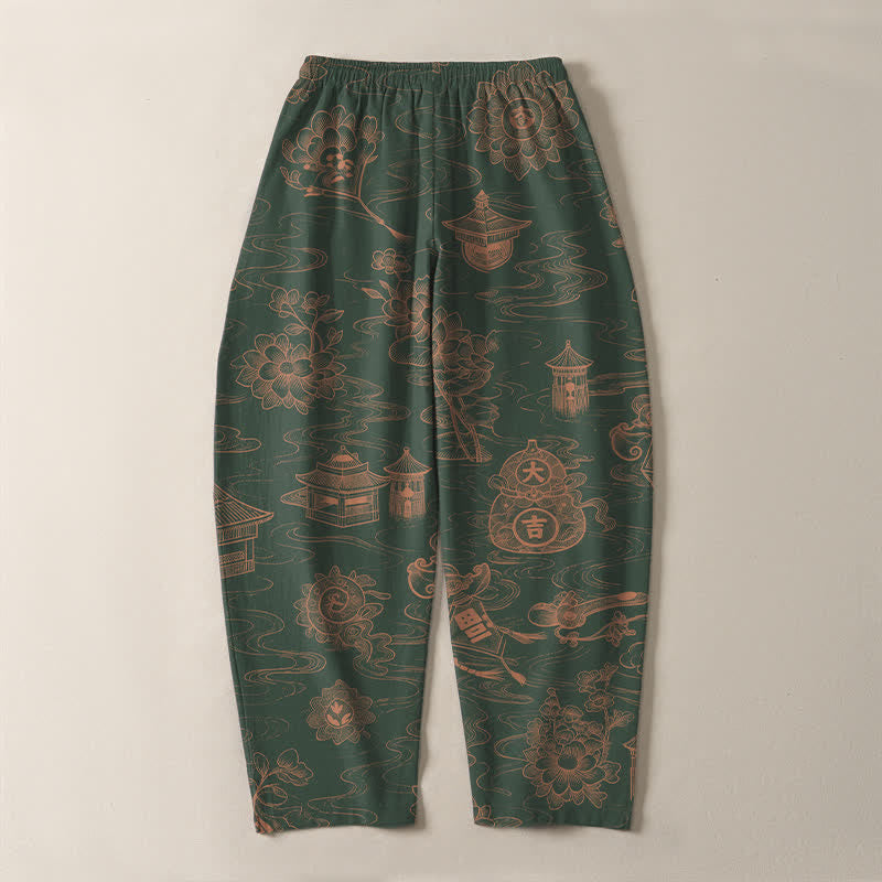 Buddha Stones Pantaloni da uomo affusolati con coulisse e tasche, in puro cotone, con motivo a loto, padiglione e nuvole. - image 14