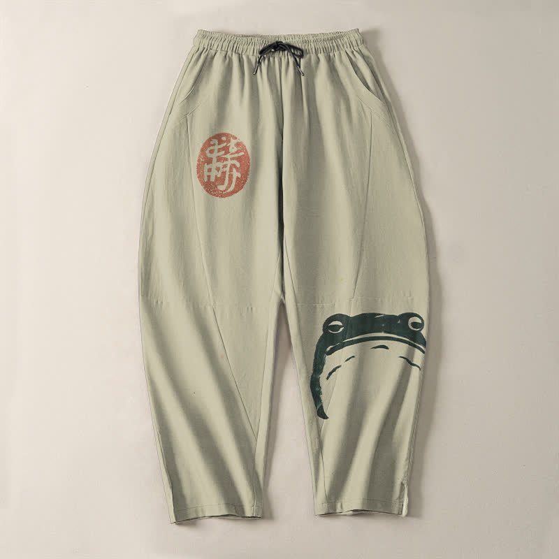 Buddha Stones Pantaloni da uomo affusolati con coulisse e tasche, in puro cotone, con stampa rana e motivo a foca. - image 2