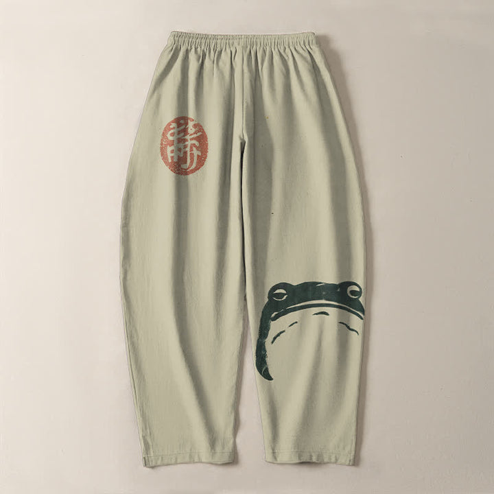 Buddha Stones Pantaloni da uomo affusolati con coulisse e tasche, in puro cotone, con stampa rana e motivo a foca. - image 3