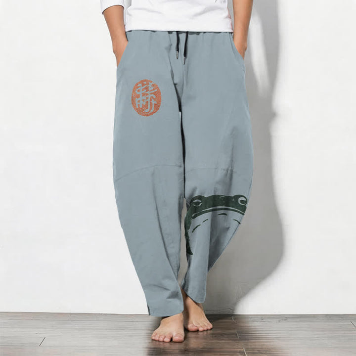 Buddha Stones Pantaloni da uomo affusolati con coulisse e tasche, in puro cotone, con stampa rana e motivo a foca. - Blu acciaio chiaro - US/UK/AU50, EU60 (5XL) - image 7