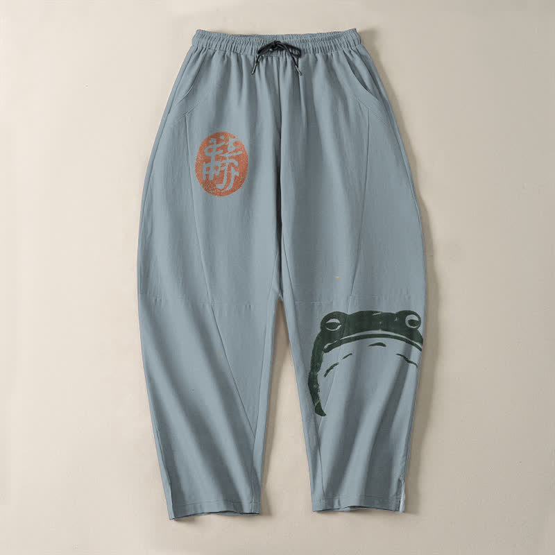 Buddha Stones Pantaloni da uomo affusolati con coulisse e tasche, in puro cotone, con stampa rana e motivo a foca. - image 9