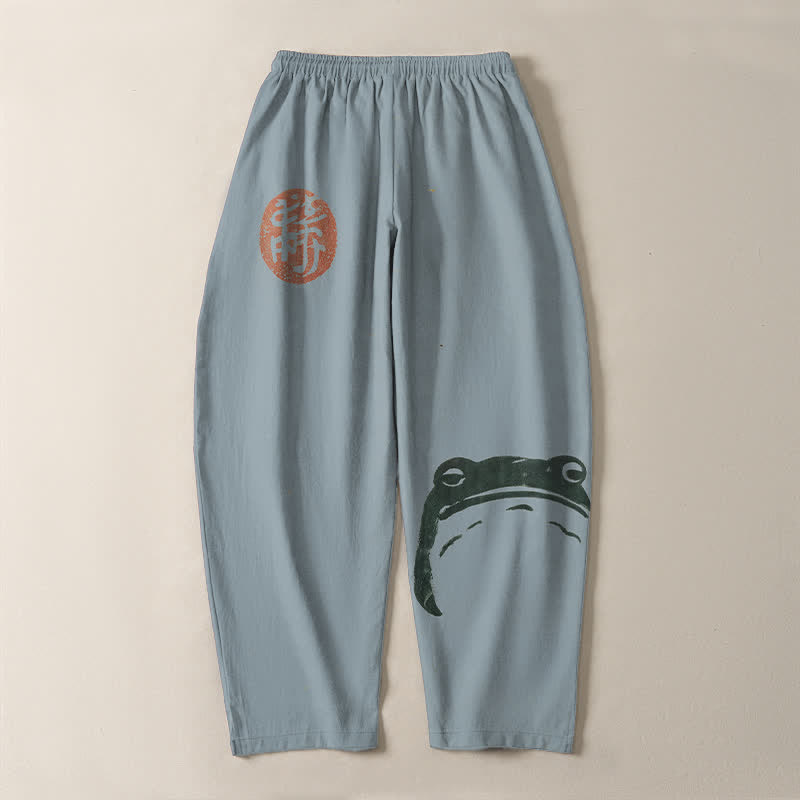 Buddha Stones Pantaloni da uomo affusolati con coulisse e tasche, in puro cotone, con stampa rana e motivo a foca. - image 10