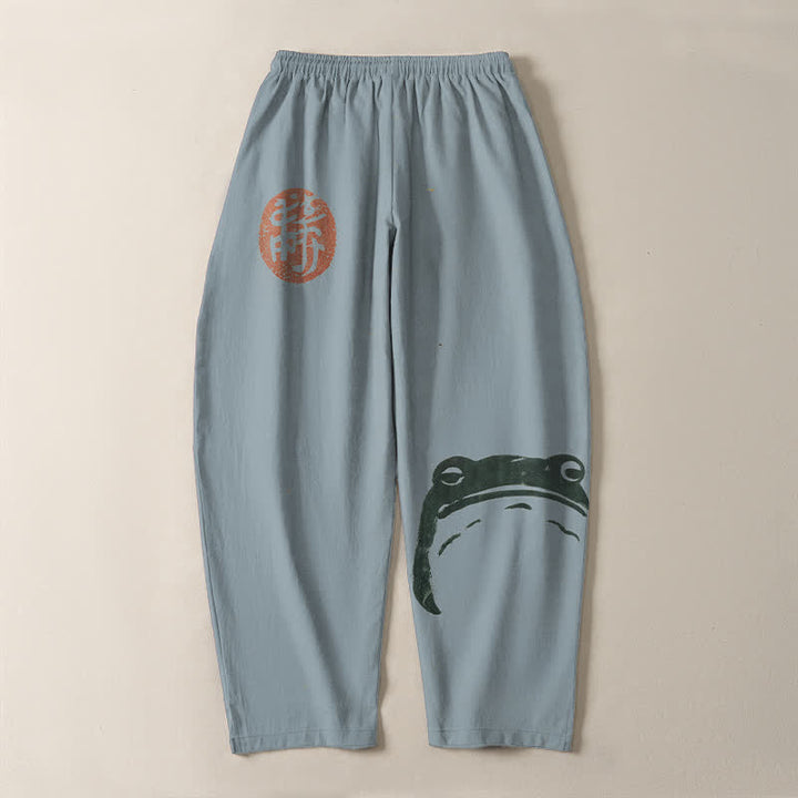 Buddha Stones Pantaloni da uomo affusolati con coulisse e tasche, in puro cotone, con stampa rana e motivo a foca. - image 10