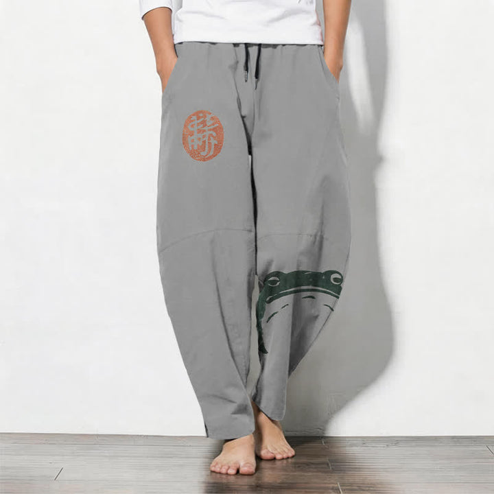 Buddha Stones Pantaloni da uomo affusolati con coulisse e tasche, in puro cotone, con stampa rana e motivo a foca. - Grigio chiaro - US/UK/AU50, EU60 (5XL) - image 11