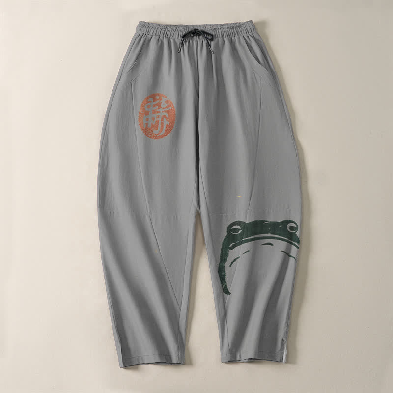 Buddha Stones Pantaloni da uomo affusolati con coulisse e tasche, in puro cotone, con stampa rana e motivo a foca. - image 13