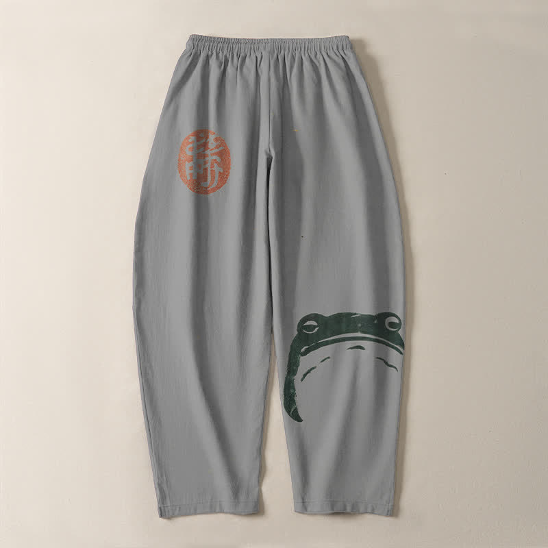 Buddha Stones Pantaloni da uomo affusolati con coulisse e tasche, in puro cotone, con stampa rana e motivo a foca. - image 14