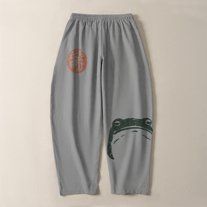 Buddha Stones Pantaloni da uomo affusolati con coulisse e tasche, in puro cotone, con stampa rana e motivo a foca. - image 14