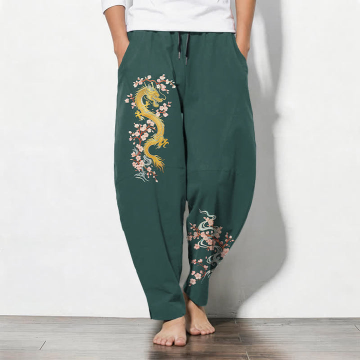 Buddha Stones Pantaloni da uomo affusolati in puro cotone con coulisse e tasche, fantasia "Dragon Blossom" dorata. - Verde mare - US/UK/AU50, EU60 (5XL) - image 0