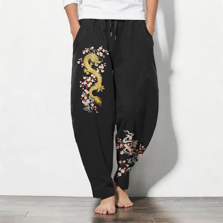 Buddha Stones Pantaloni da uomo affusolati in puro cotone con coulisse e tasche, fantasia "Dragon Blossom" dorata. - Nero - US/UK/AU50, EU60 (5XL) - image 7