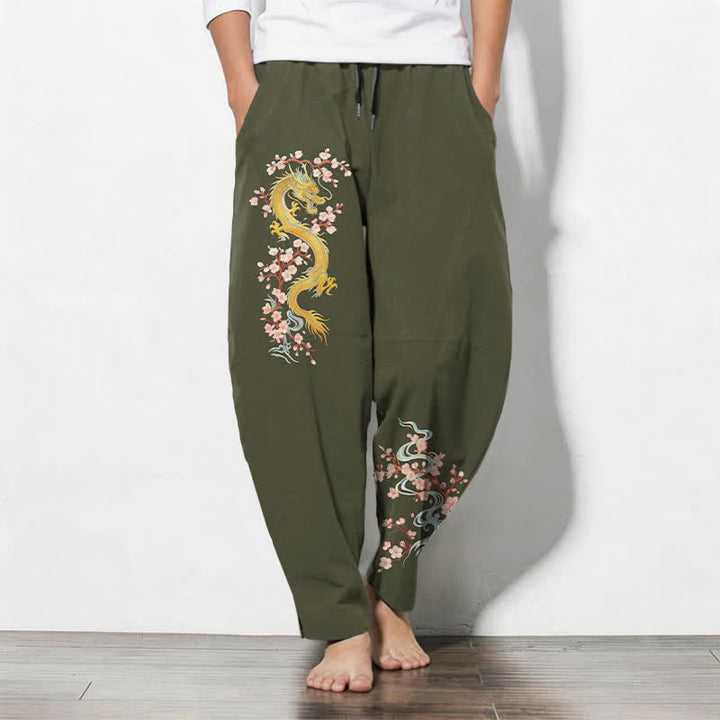 Buddha Stones Pantaloni da uomo affusolati in puro cotone con coulisse e tasche, fantasia "Dragon Blossom" dorata. - Verde oliva scuro - US/UK/AU50, EU60 (5XL) - image 11